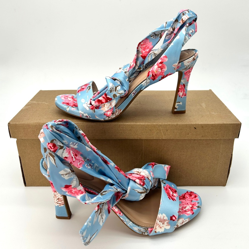 Womens Ankle Wrap Sandals Kelly & Katie Nylani Size 9.5 Blue Satin Floral Print